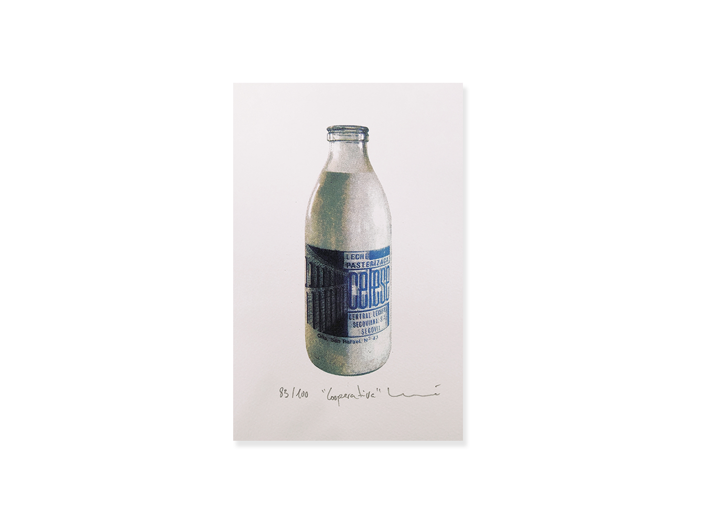 Silkscreen 'Cooperativa' by Lucía Huertas, 4-ink print on Canson Montval 300g, 45x17cm, depicting vintage CELESE milk bottles, Segovia.