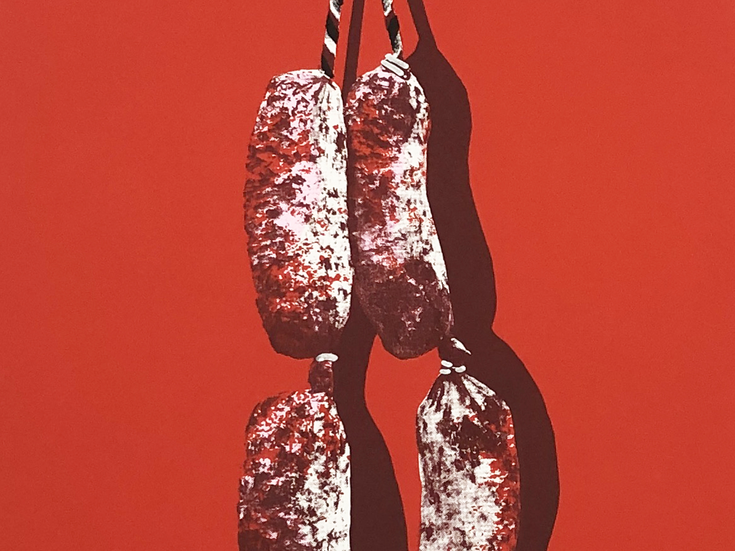 Serigrafía «Sarta de chorizos» 2024, estampada a 4 tintas eco sobre papel Canson Montval 300 g, edición limitada de 100 ejemplares, taller montón de trigo montón de paja.