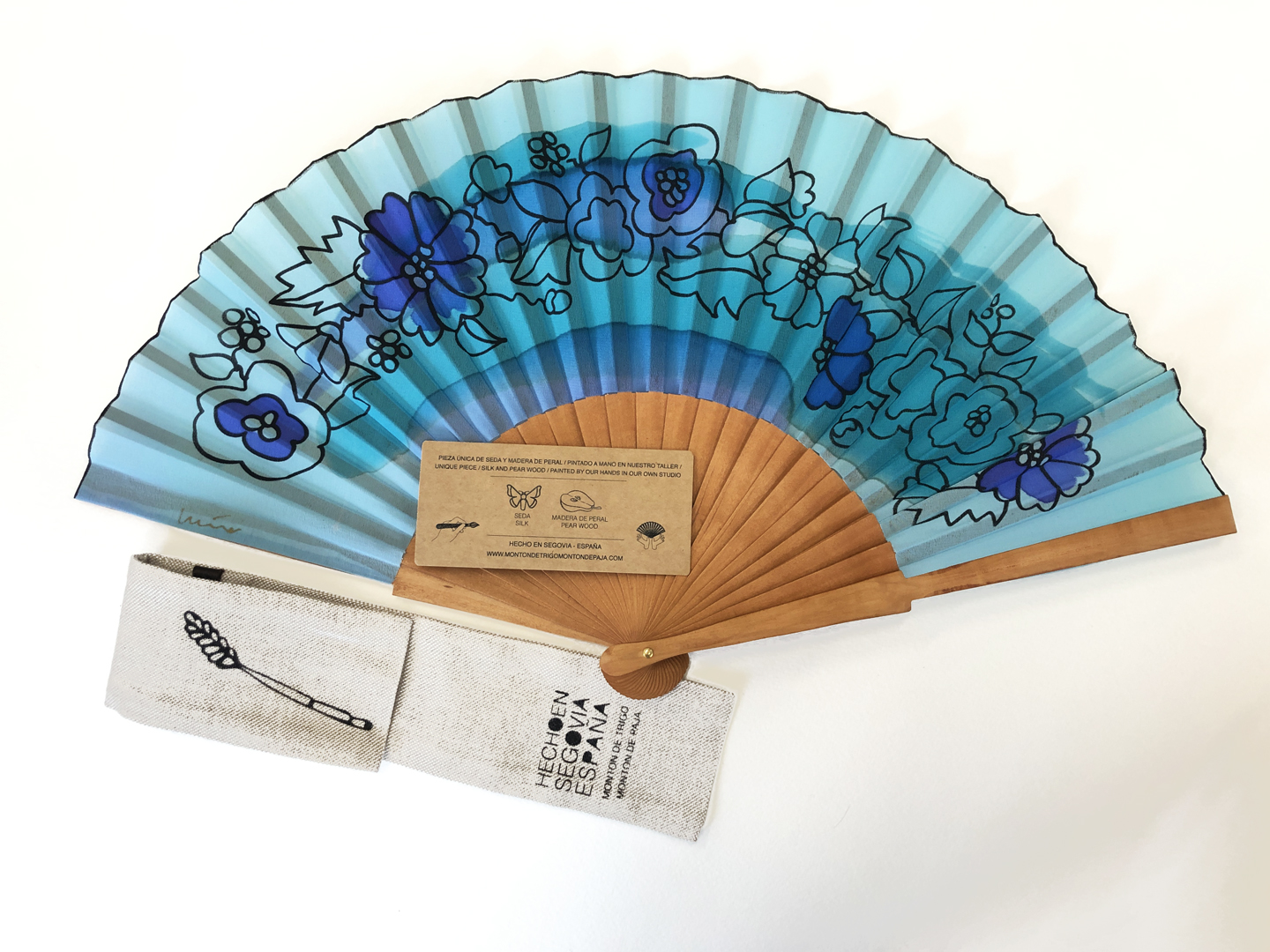 Hand-painted silk and pear wood fan with blue flower design, 23cm, unique signed piece made in Segovia, Spain.
