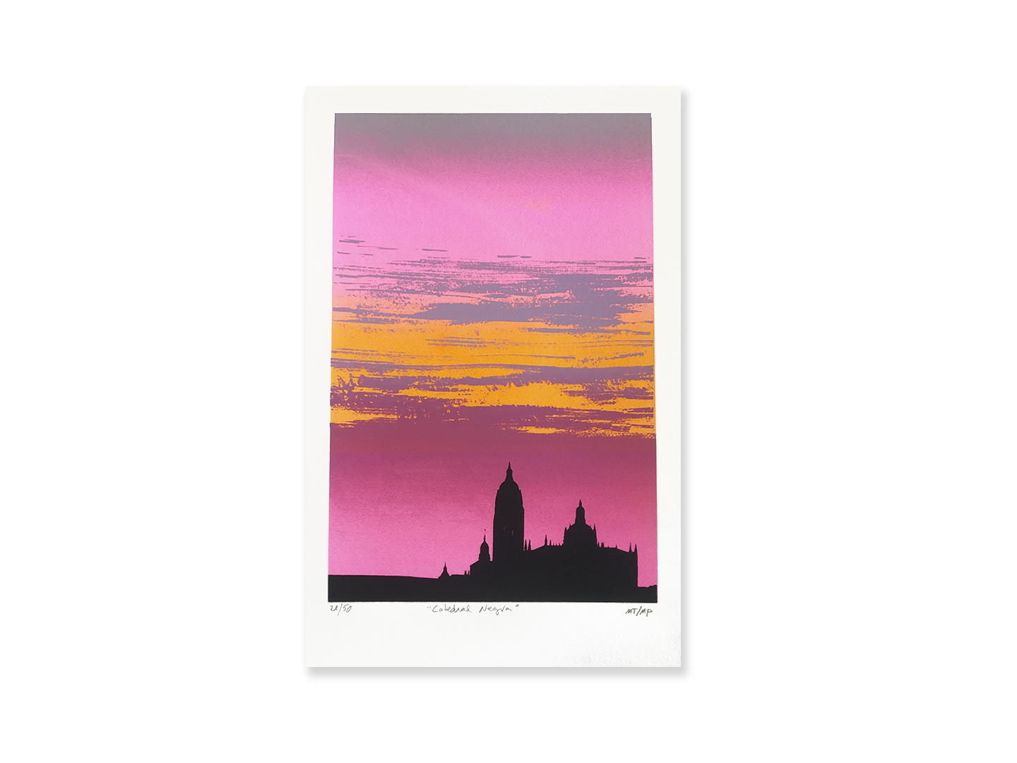 Serigrafía «Catedral Negra» 2024 estampada a 7 tintas eco sobre papel Canson Montval 300g, edición limitada 50 ejemplares, taller montón de trigo montón de paja