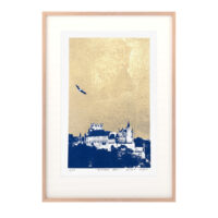 Serigrafía «Alcázar y cigüeña oro» a 1 tinta y pan de oro sobre papel Canson Montval 300g, edición limitada 1/50, taller montón de trigo montón de paja
