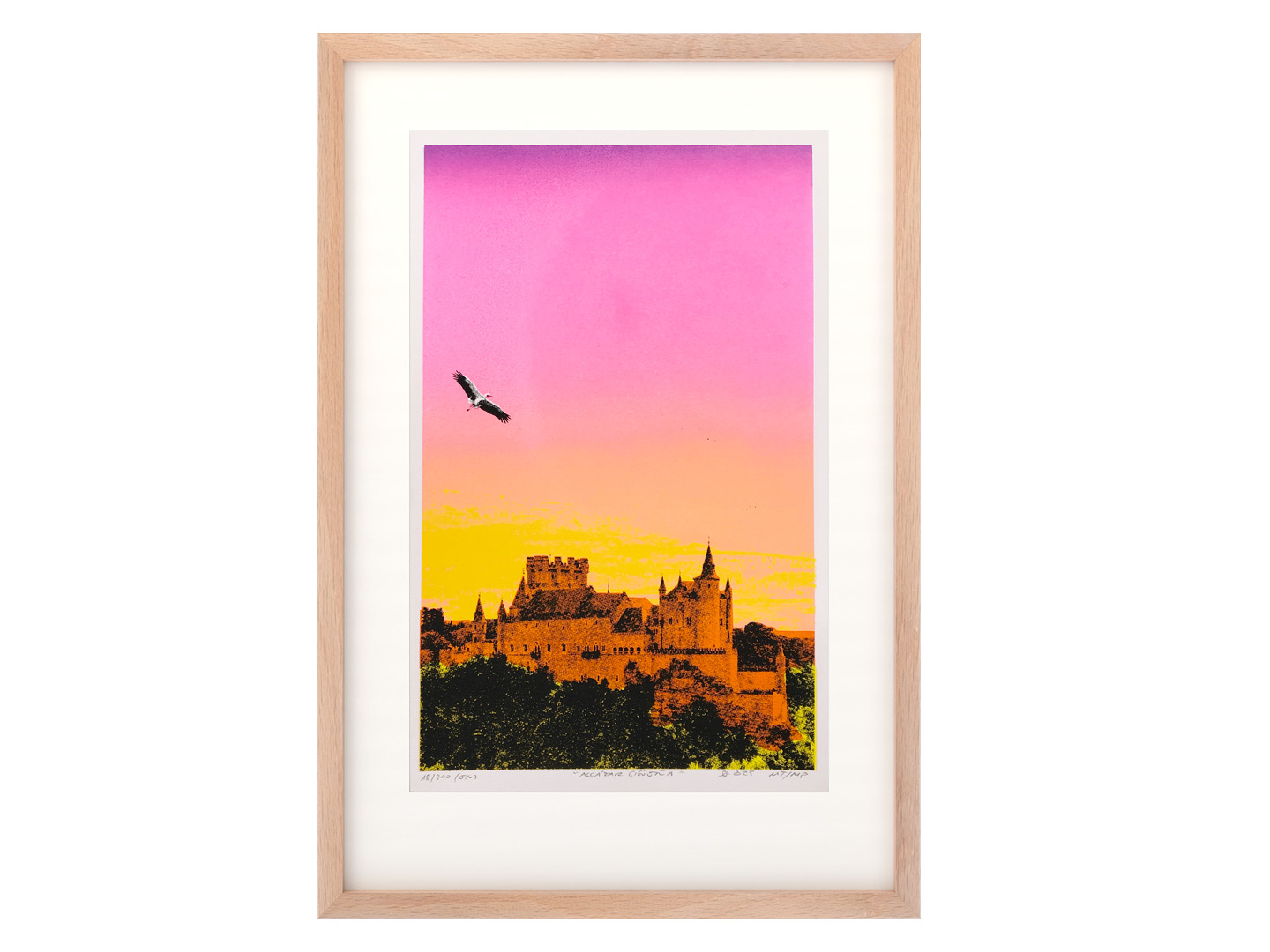 Silkscreen 'Alcázar and stork' con marco – 4-ink hand screenprint on Canson Montval 300g, limited edition, Segovia art print.