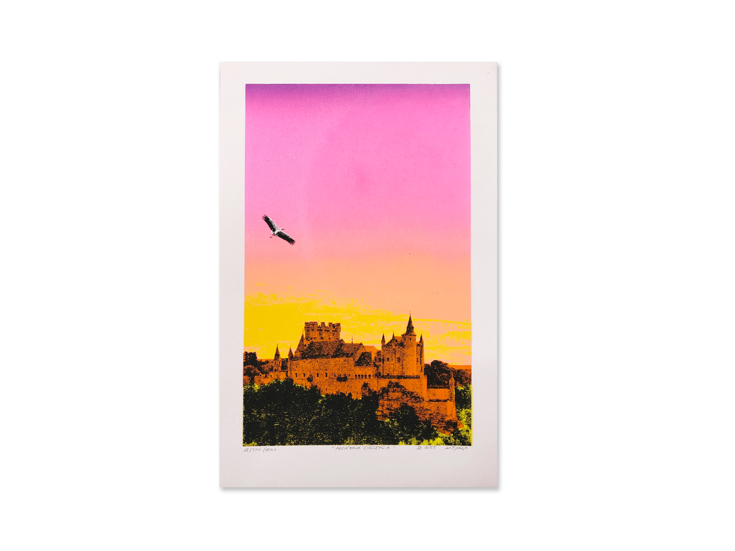 Silkscreen 'Alcázar and stork' 2025, 4-ink hand screenprint on Canson Montval 300g, limited edition 1/300, sin marco, by montón de trigo montón de paja