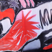 Chal 100% seda pintado a mano en rojo y negro, pieza única artesanal, aprox. 89x165 cm, taller de Segovia