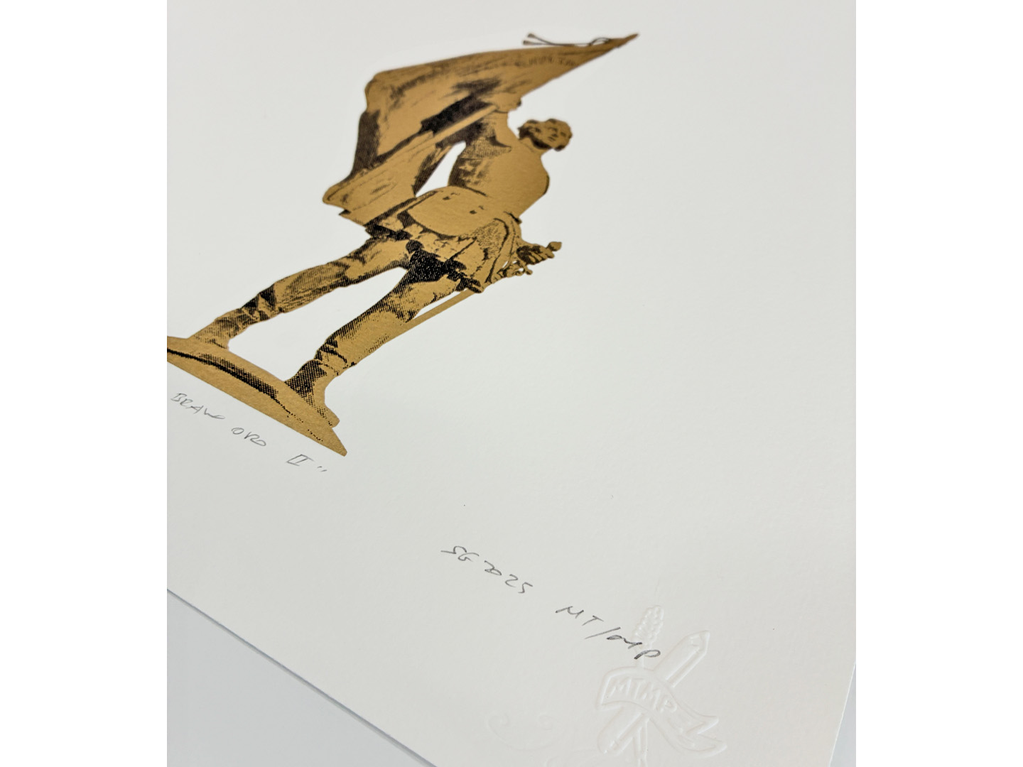 Serigrafía sin marco «Juan Bravo Oro II» P.A y P.E, 2 tintas eco sobre papel Canson 350g, 50x32,5 cm, firmada y numerada, Taller montón de trigo montón de paja