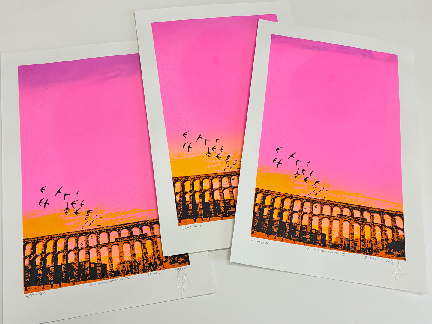 Silkscreen sin marco "Aqueduct / Swifts III" – 6-ink limited edition print of Segovia Aqueduct with swifts, 50x32.5cm
