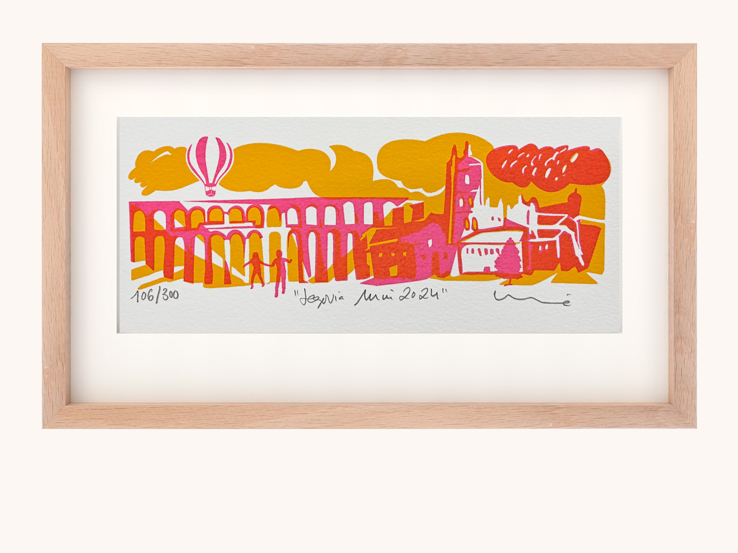 Serigrafía Mini Acueducto Segovia 2024 de Lucía Huertas, 2 tintas sobre Canson Montval 300g, con marco de haya nacional