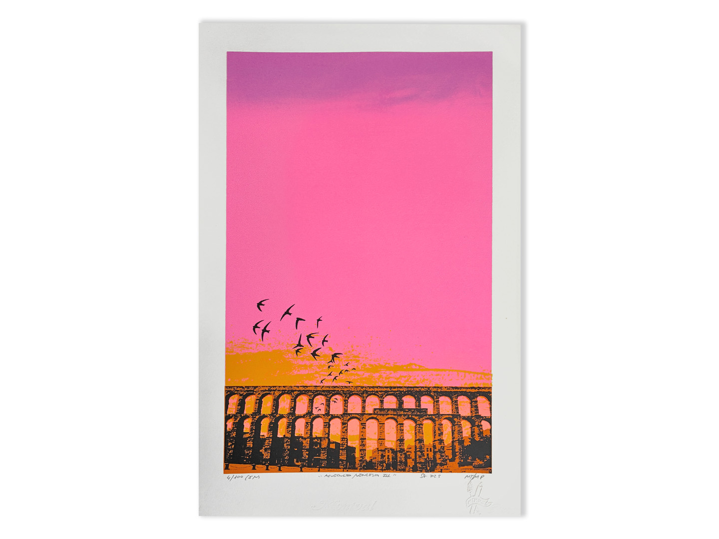 Silkscreen print sin marco "Aqueduct Swifts III", 6-ink handmade edition on 300g acid-free paper, Segovia Spain