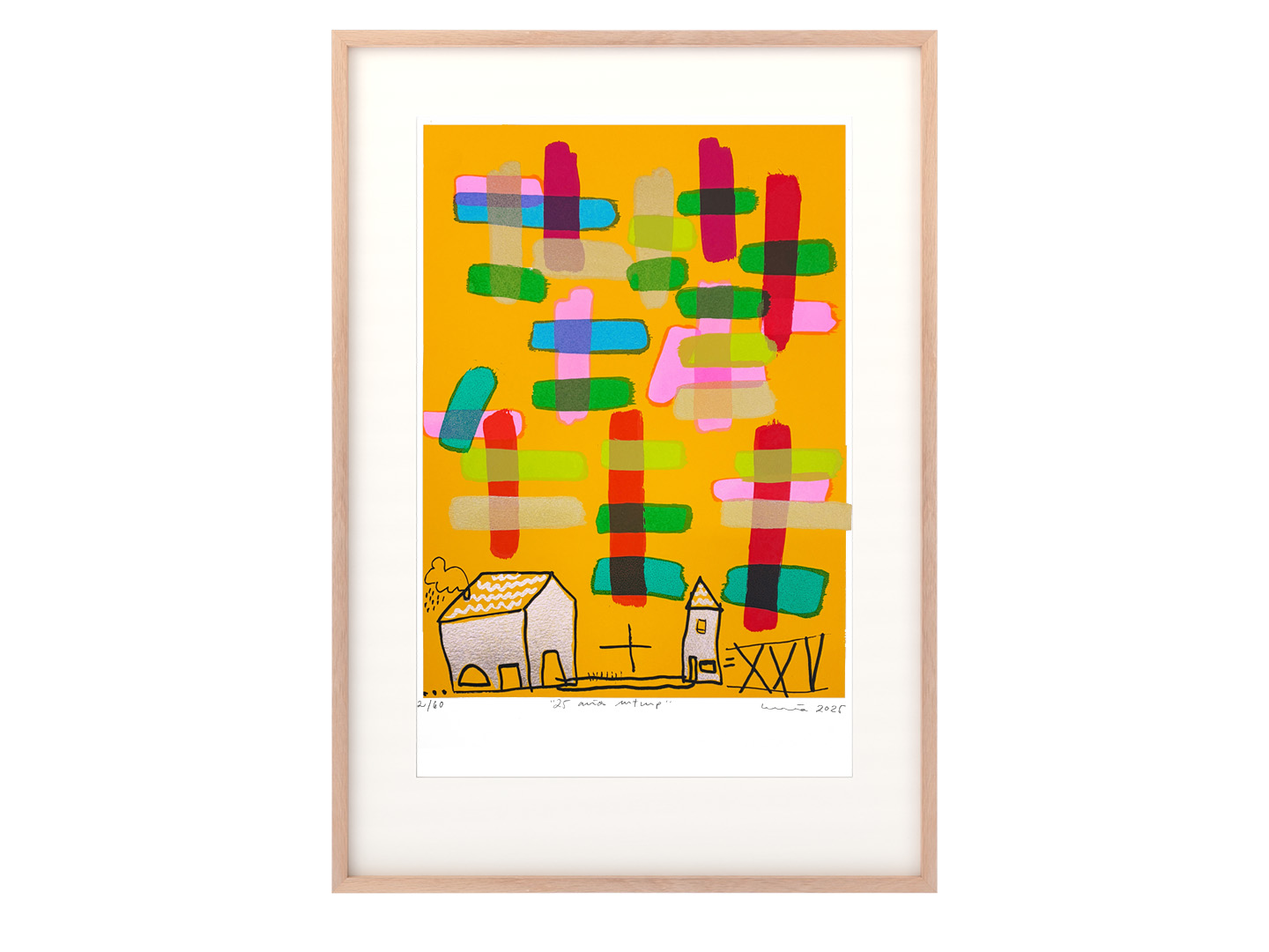 Silkscreen '25 Years' 2025 by Lucía Huertas, con marco, beech wood frame, Canson Montval 300g, signed and numbered edition.