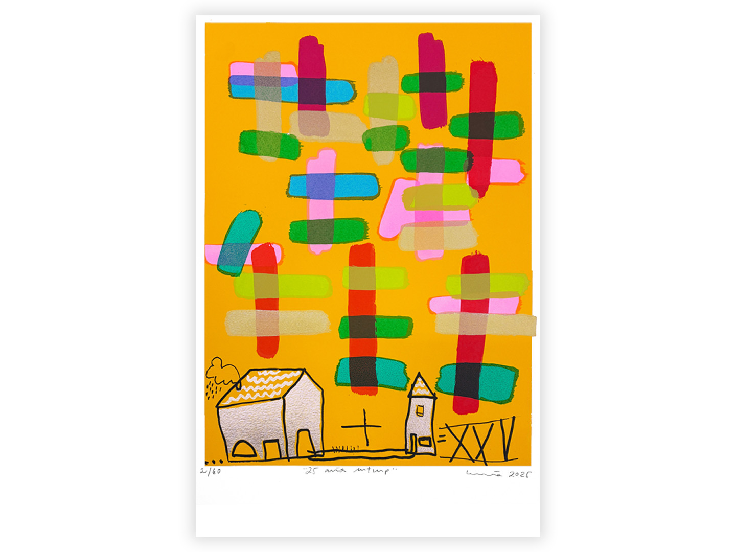 Silkscreen '25 Years' 2025 by Lucía Huertas, sin marco, 11-ink edition with gold leaf on Canson Montval 300g, 50x32.5cm.