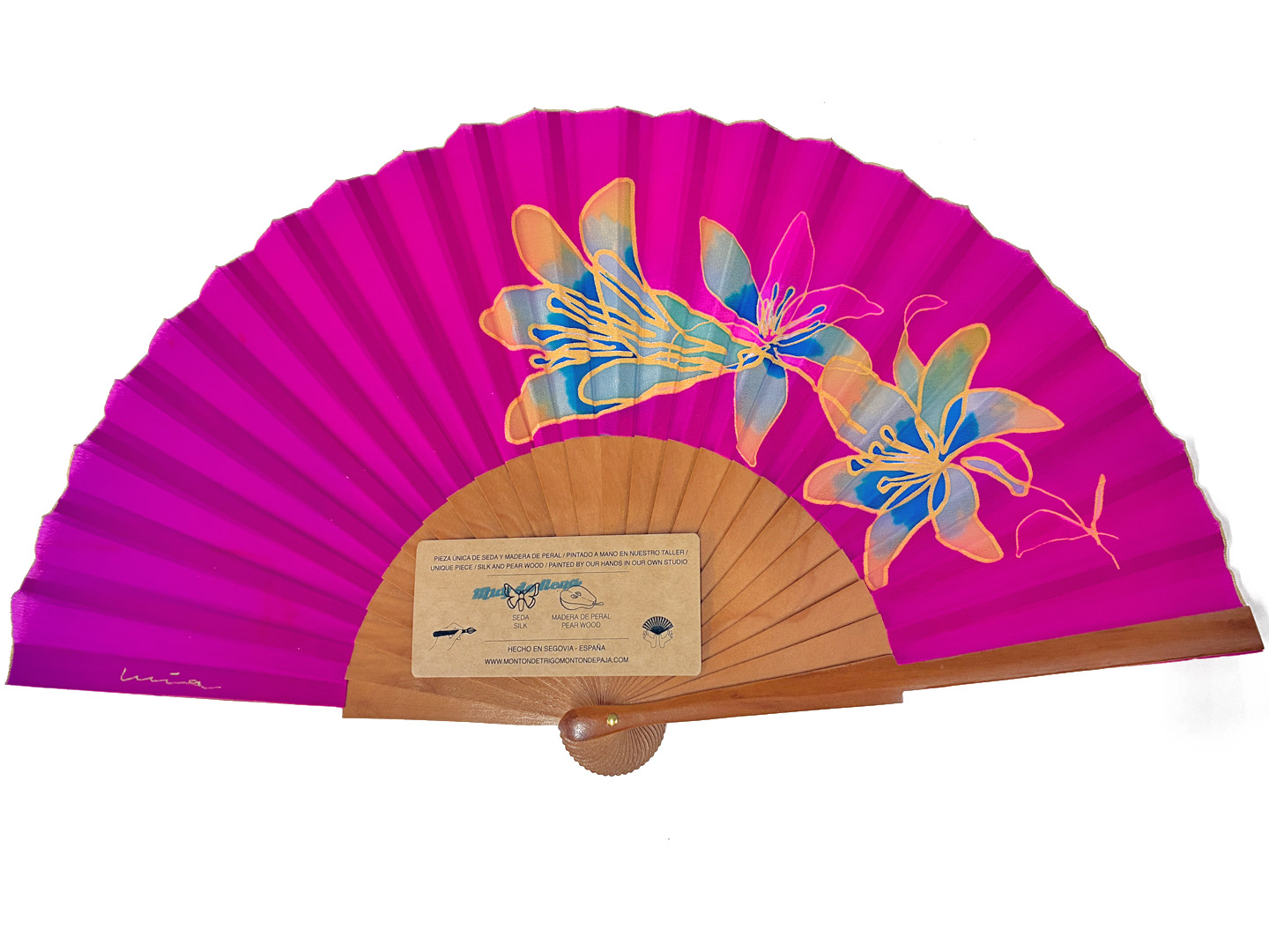 Abanicos "Fiesta de los lirios" fucsia de seda y madera de peral único, pintado a mano por Lucía Huertas.
